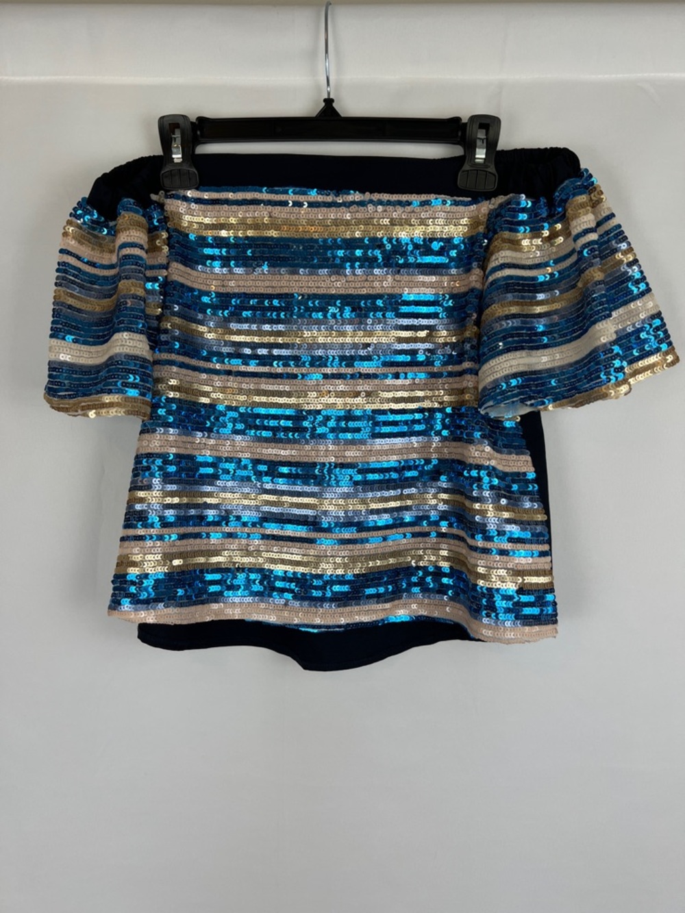 Lulumari Off-Shoulder‎ Sequin Stripe Crop Top in Blue and Gold